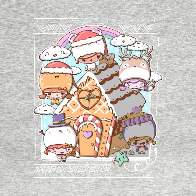 Festive gingerbread house with bubble head cuties by studiomogwai